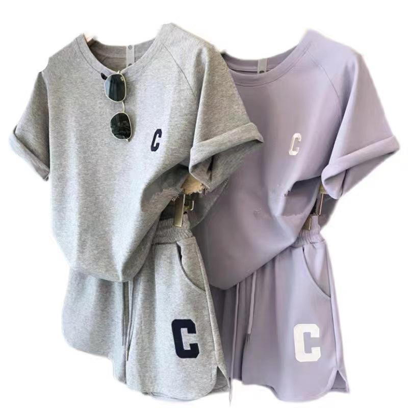 Bestselling Casual Letter Print Sportswear Set with Round Neck, Short Sleeves, and Drawstring Shorts - Perfect for Home or Outings