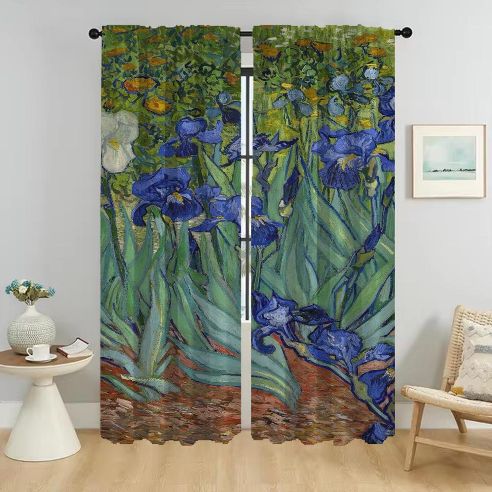 Rideaux moustiquaires Van Gogh 2 Pièces Tulle pour Cloison de Chambre Rideau de Fenêtre Rideaux de Chambre Élégants Stores Salon Cuisine W60xH90cmx2pcs-CL gray