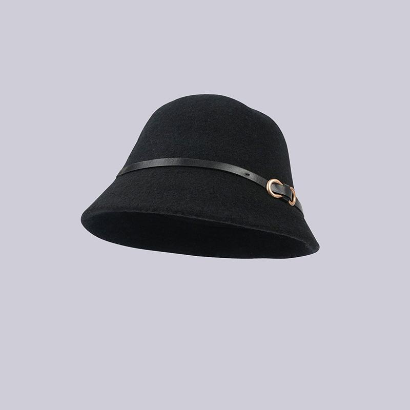 Belt Wool Hat Women's Autumn and Winter Fashion Simple Small Edge Bucket Hat Women's Face Small Dome Basin Hat Versatile