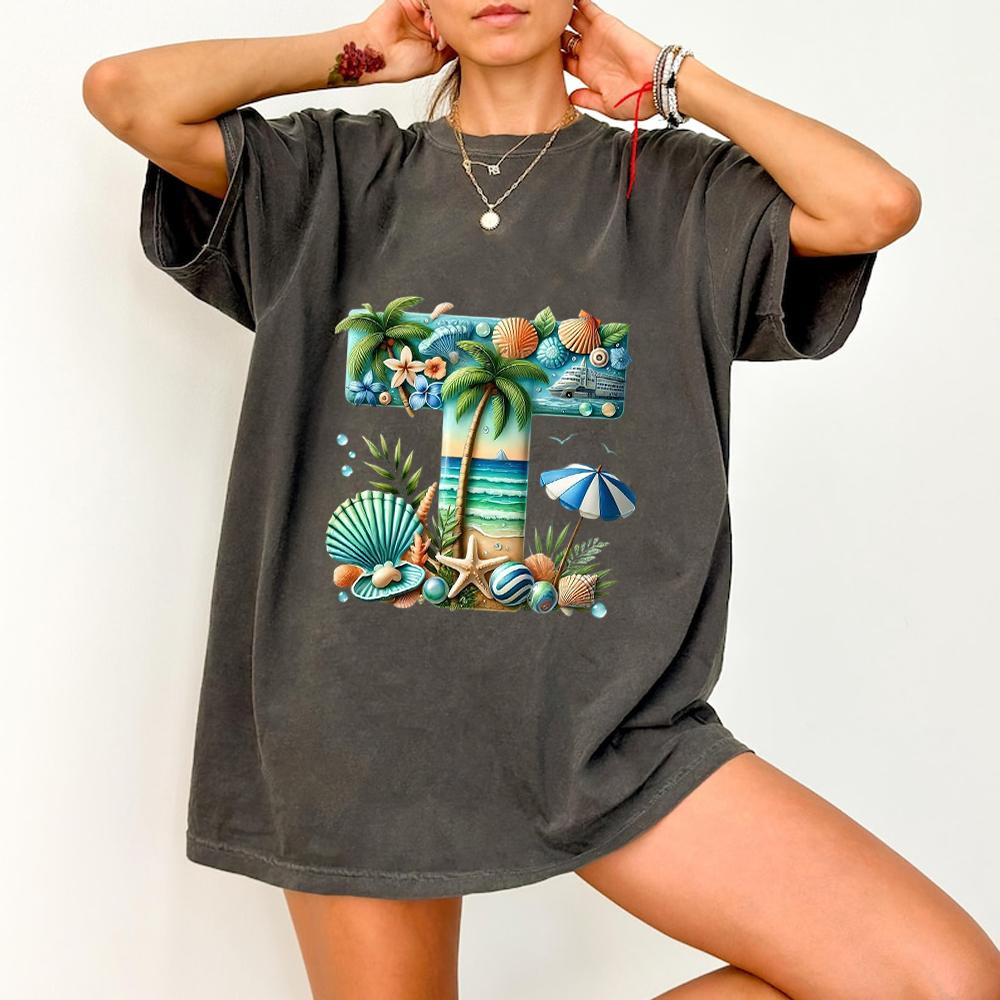 Beach Ocean Monogram Oversized T-Shirt Washed Cotton Casual Tee Tropical Palm Tree Graphic Top
