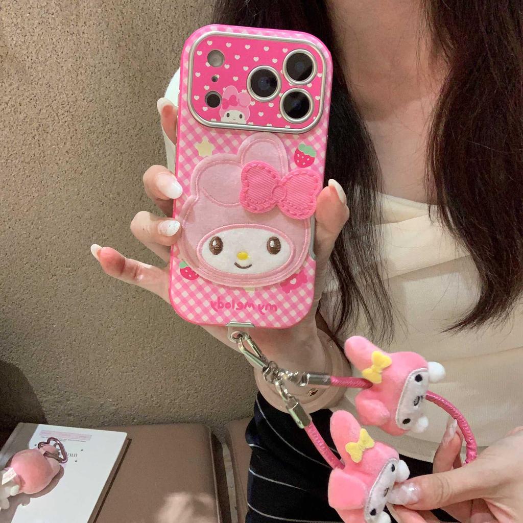 Sweet Girl Pink Plaid Cartoon Hand Strap Phone Case for iPhone 17/16 Pro Max/15/14