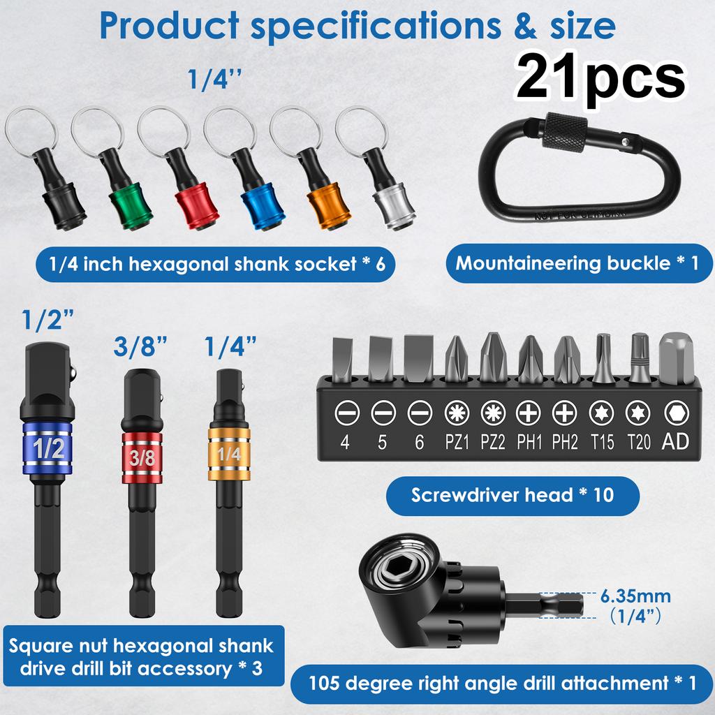 21/42Pcs 1/4 Inch Hex Shank Screwdriver Bit Holder Zinc Alloy Bit Rod Key Chain Adapter Drill Bit Quick Replacement Portable Han