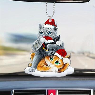 2D Acrylic Cat Decoration Pendant Hanging Cute Santa Hat Cats Pendant Decorative Flat Christmas Tree Pendant Car Rearview