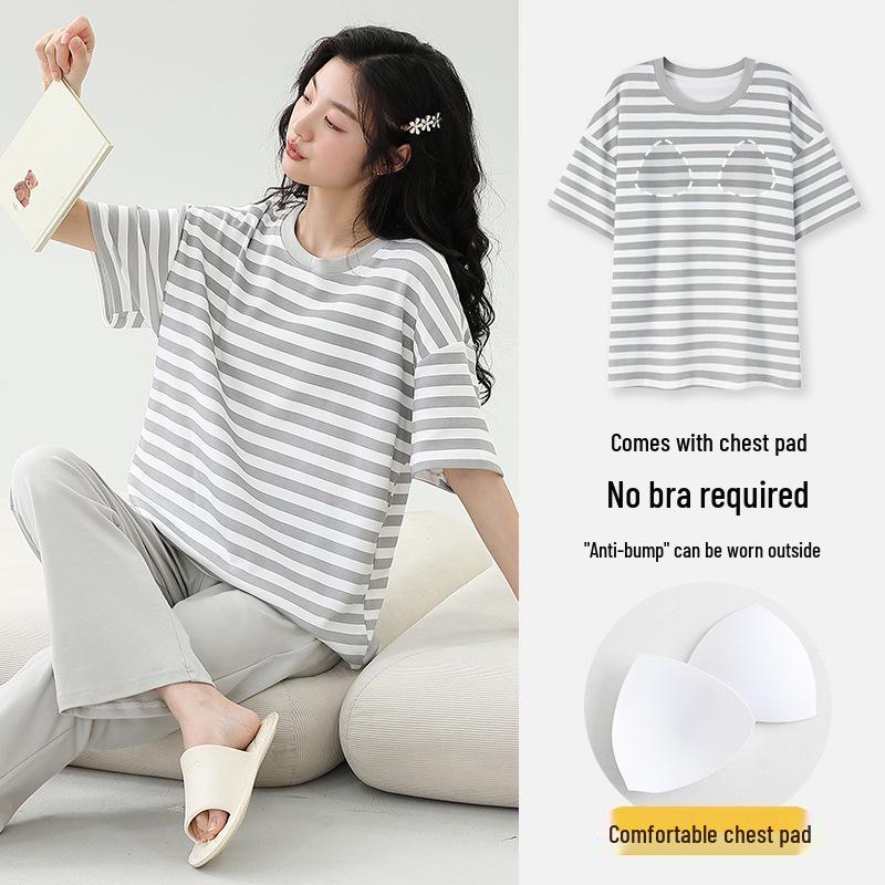 Damski kreskówkowy komplet piżamy z krótkim rękawem i wkładkami na biust - Letni bawełniany długi komplet domowy 2025