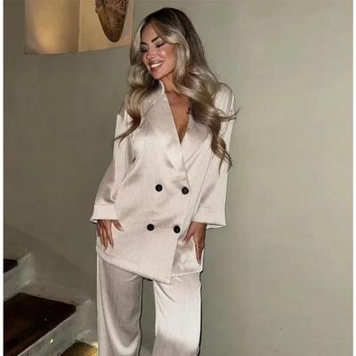 Autumn Women Casual Blazer Coat Pants Set Long Sleeve Double Breasted Blazer + Wide Leg Trousers Lady Office Outfit