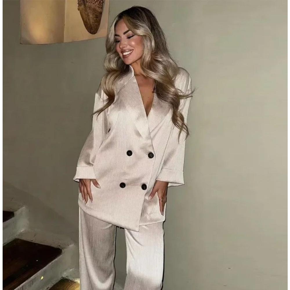 VAYLA Autumn Women Casual Blazer Coat Pants Set Long Sleeve Double Breasted Blazer + Wide Leg Trousers Lady Office Outfit