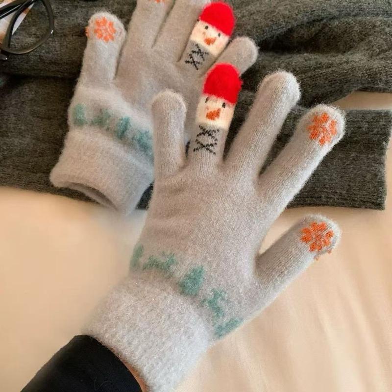 Winter all-inclusive five-finger gloves, cute snowman knitted thickened warm cycling cold-proof cotton gloves