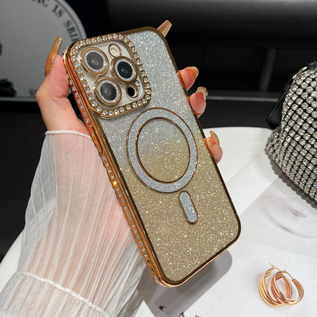 Plating Glitter Bling Diamond Camera Lens Protector Bumper Phone Case For iPhone 17 Air 16 15 14 Pro Max Samsung S25 S24 S23 Magnetic Protective Cover