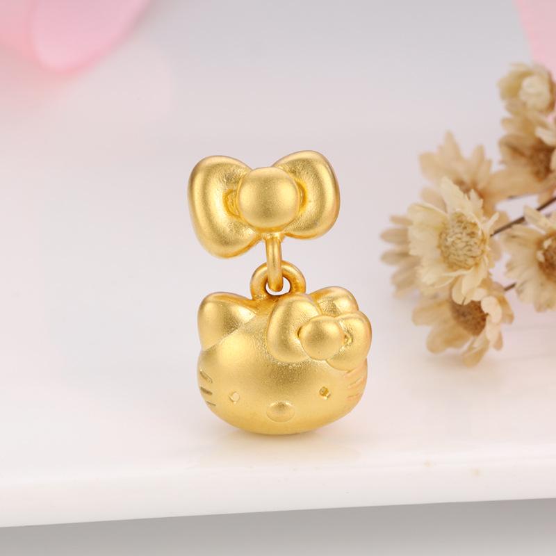 Sterling Silver Hello Kitty Pendant Charm with 999 Fine Silver Bow and Beaded Cartoon Cat Design