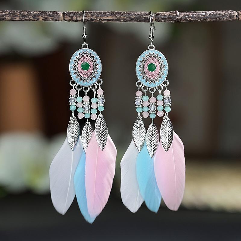 Boho Lange Feder Hängende Ohrringe für Damen Blatt Quaste Kristallperlen Handgefertigt Runde Blume Emaille Hochzeit Braut Schmuck Geschenk