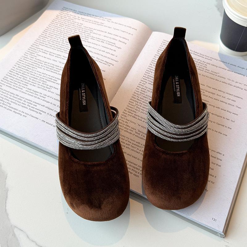 Gentle shallow mouth rhinestone soft sole single shoes flat Mary Jane shoes fattened and widened large size women's shoes