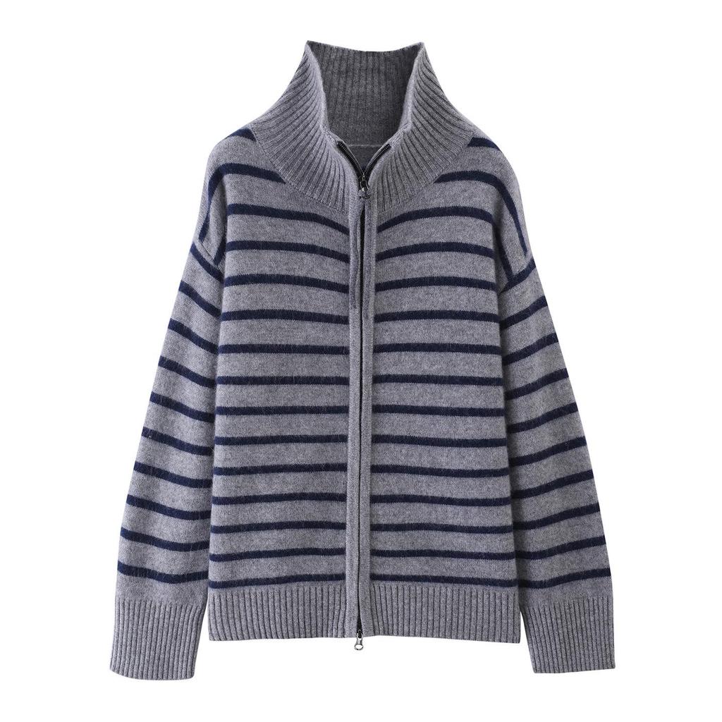 Women's High-Neck Striped Wool Cardigan - Warm, Skin-Friendly, Long Sleeve for Autumn & Winter