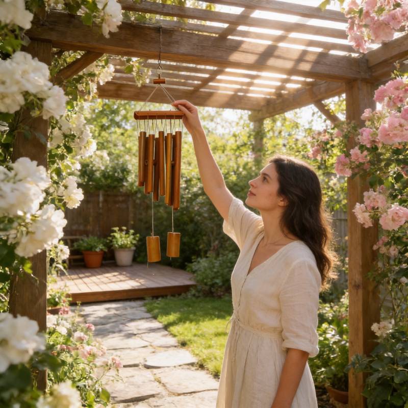 Carillon éolien en bambou de jardin Fait à la main Bambou naturel Décoration d'intérieur Pour patio et jardin