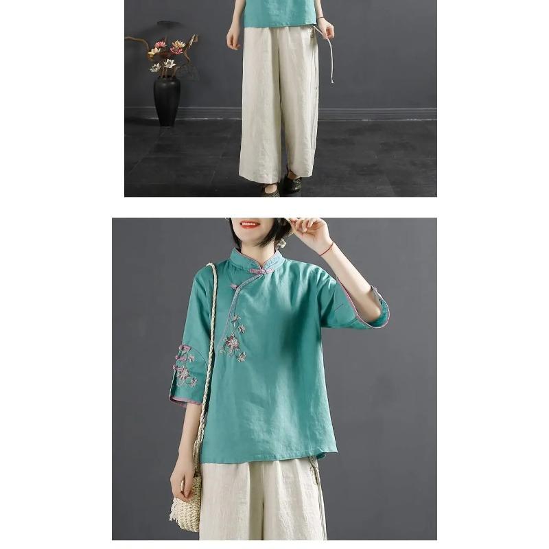 Blusa estiva con colletto alla coreana a tre quarti alla moda da donna High Street Casual Pullover larghi Elegante Ricamata
