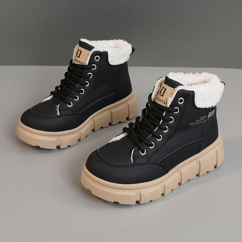 158 new autumn and winter Korean casual women's velvet medium-top version warm and heightening cotton shoes color-matching snow boots