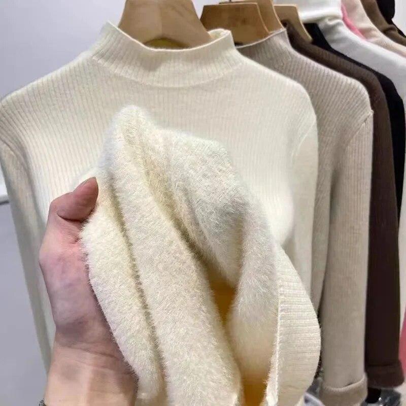 Plush Thicken Knitwear Women's Half High Neck Sweater Slim Top Warm Base Shirt Commuting Simple Casual Autumn Winter Pull Jumper