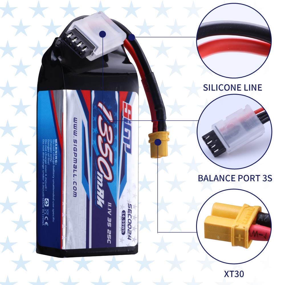 SIGP 11.1V 3S LiPo 1350mAh 25C RC Soft Pack with XT30 Plug for RC Airplanes, Quadcopter, Helicopter Drones, FPV Racing, and Hobbies (2-Pack)