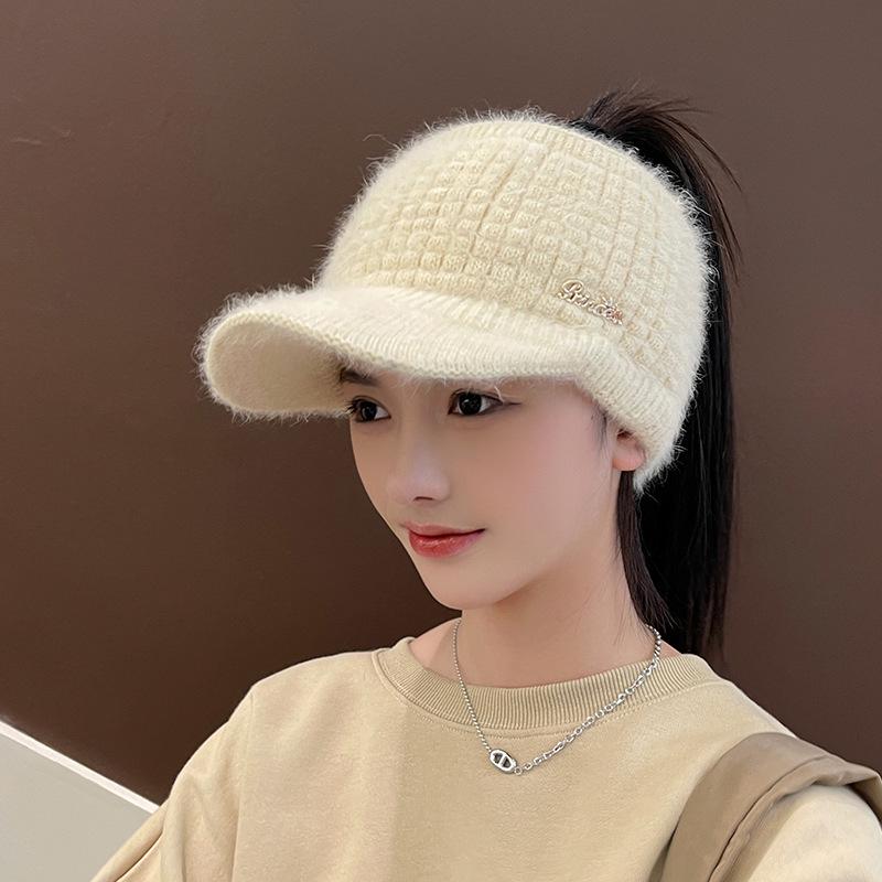 Women's Fleece-lined Wool Knitted Wide Brim Visor Hat for Autumn & Winter Sports