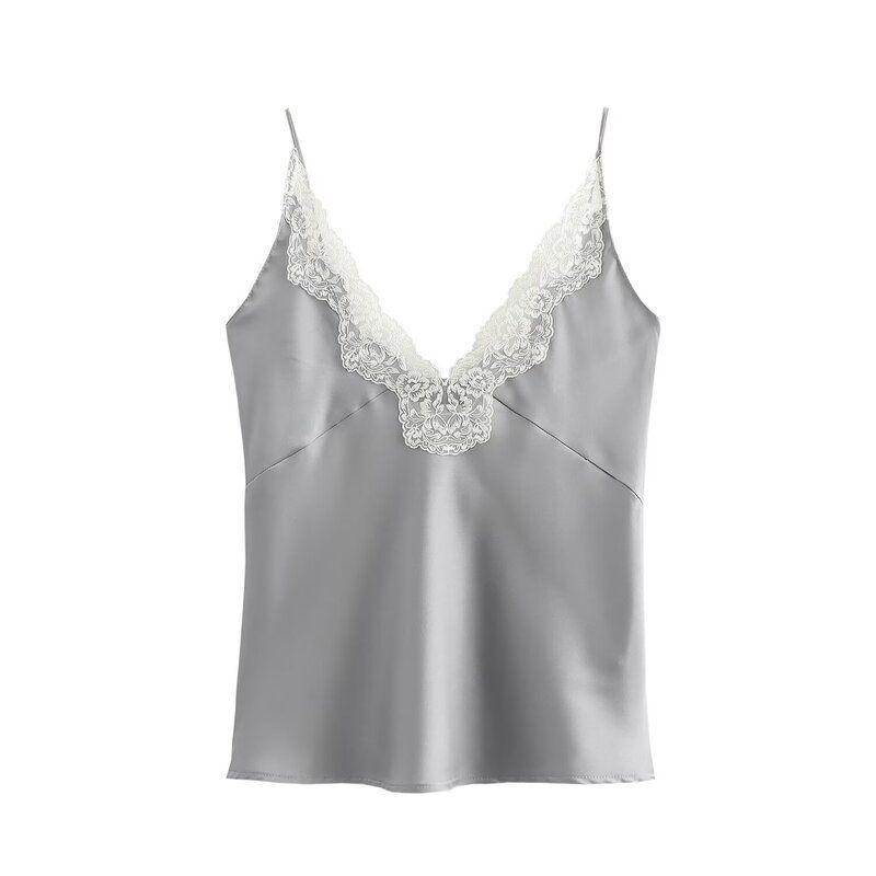Fashion Style 2024 New Fall Women's Clothing Easy Matching Sling Lace Decorative Silk Satin Texture Tops 1067261