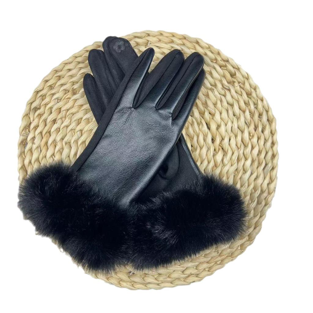 Gloves Pu Leather Deerskin Velvet Splicing Can Touch Screen Windproof Velvet Thickened Outdoor Riding Driving Leather Gloves Women