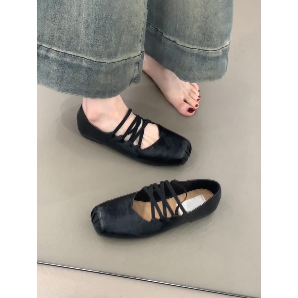 

Sheepskin version~ retro cross-strap flats square head pig nose ballet shoes women s shallow mouth Mary Jane single shoes 40 чёрный