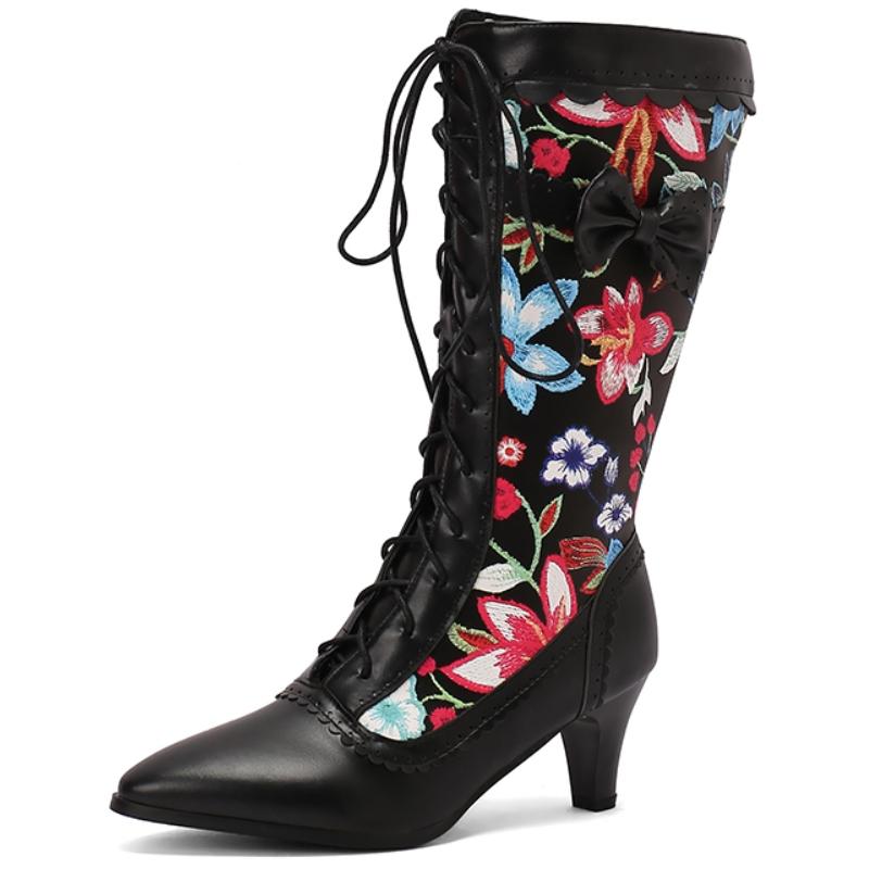 

Осенне-зимние ботинки до середины икры Женская мода Цветок Белый Черный Ботинок Элегантная шнуровка Низкий каблук Вечерняя обувь для девушек Большой размер 45 38 чёрный