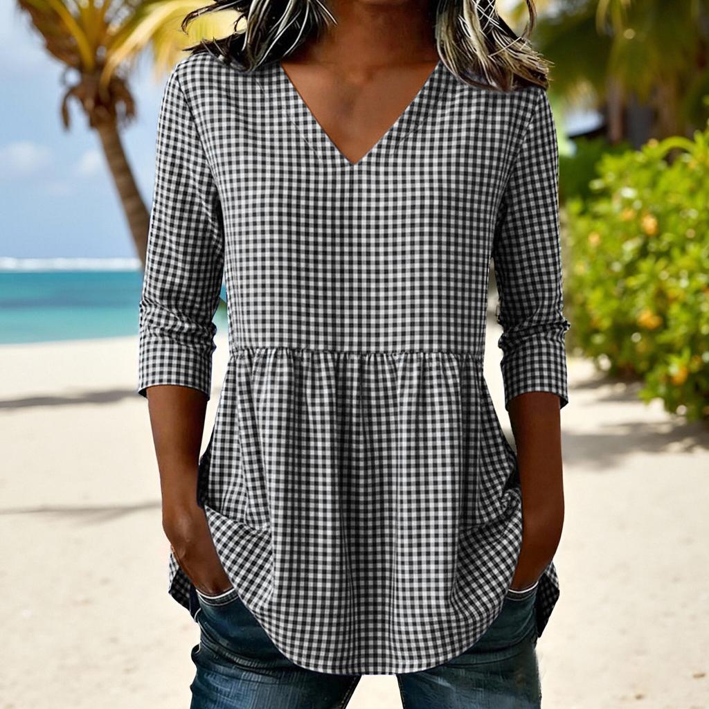 Women Loose Fit Casual Cotton Linen V Neck Plaid Three Quarter Sleeve Top Blouse Tunic Shirt for Everyday Wear