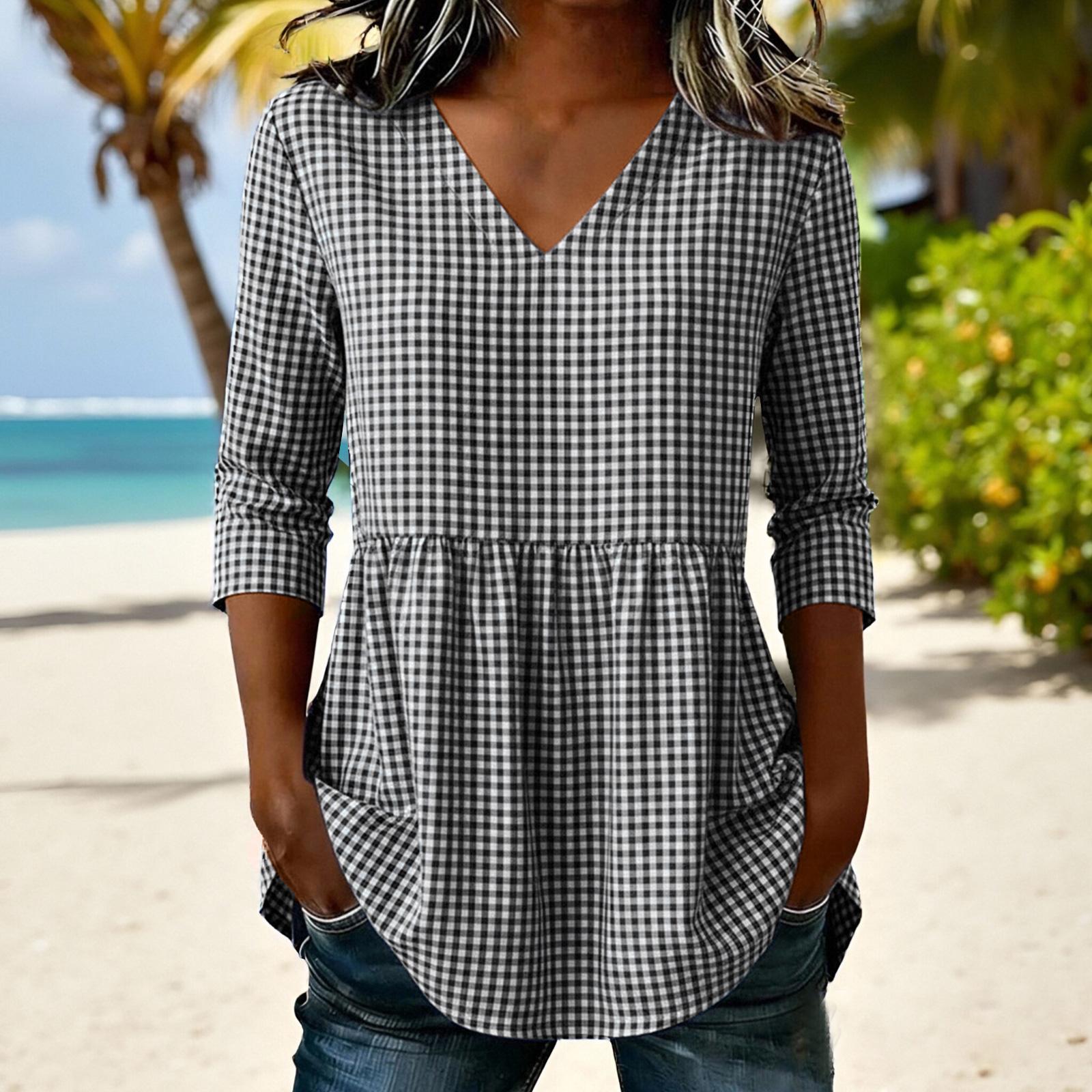 

Women Loose Fit Casual Cotton Linen V Neck Plaid Three Quarter Sleeve Top Blouse Tunic Shirt for Everyday Wear M чорний