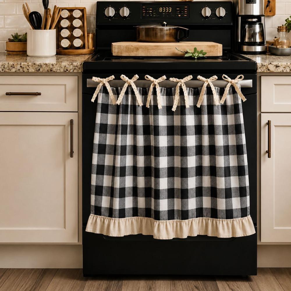 Cotton Linen Blend Bow Tie Oven Cover Curtain Coffee Machine Half Curtain Farmhouse Kitchen