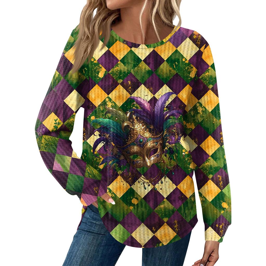 Damenmode Locker Langarm Karnevals-Print Rundhals Casual Oberteil