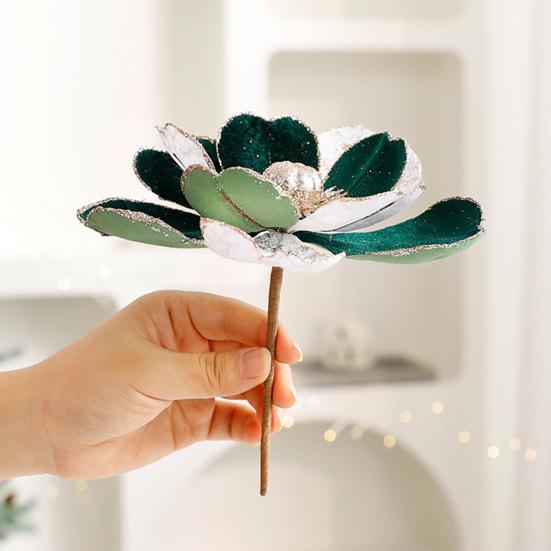 Artificial Poinsettia Flowers Christmas Tree Ornaments Velvet Glitter Magnolia Stems Floral Picks for Xmas