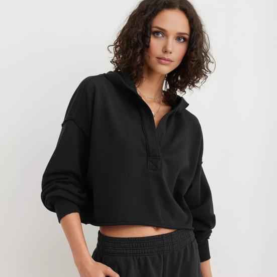 Women's Cropped Sweatshirt Loose Long Sleeve V Neck Hoodies Casual Hooded Pullover Crop Workout Top