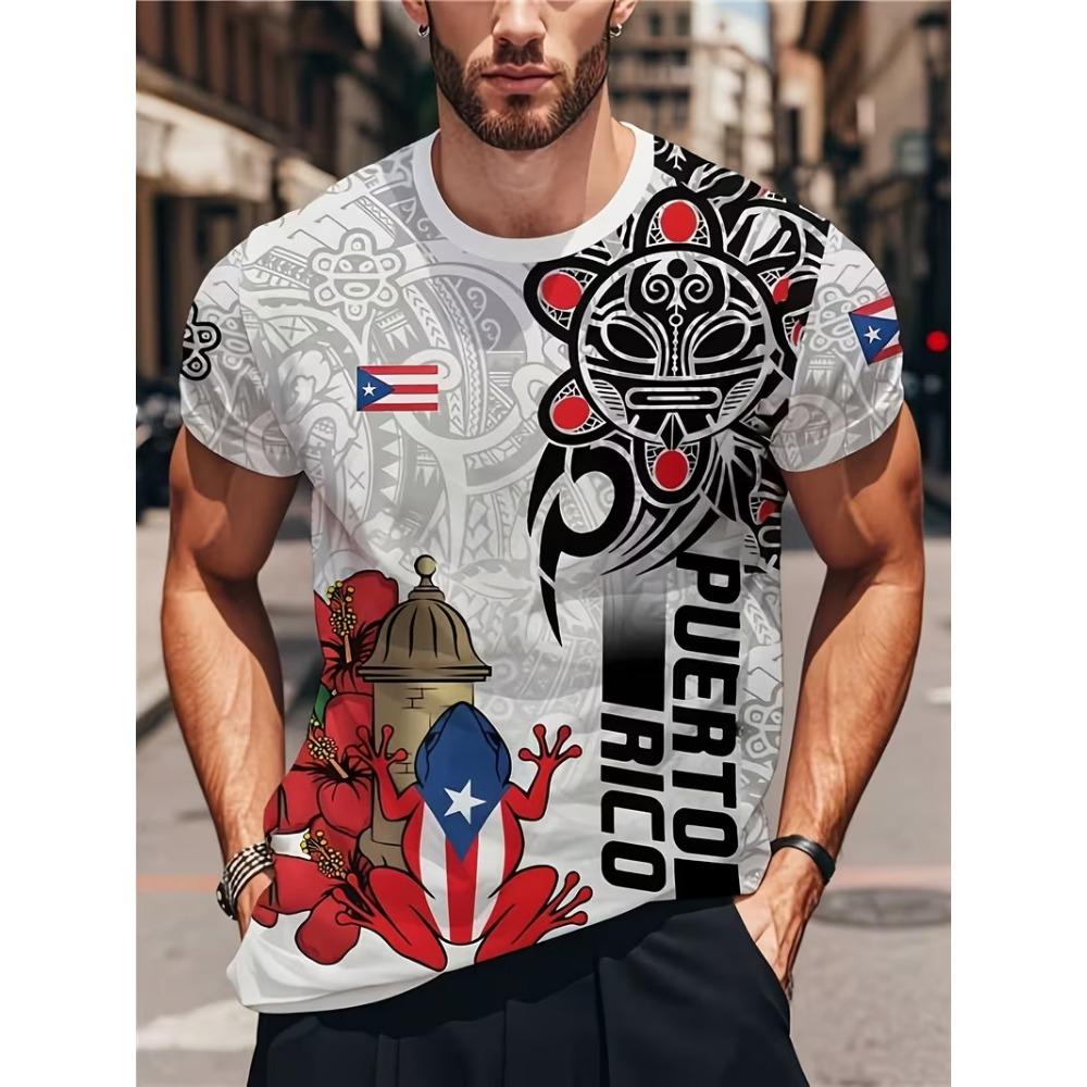 Men Puerto Rico Flag Symbol Fortress Landscape Print T-shirt Summer Short Sleeve O-Neck Patriotic Puerto Rican Sports Tee