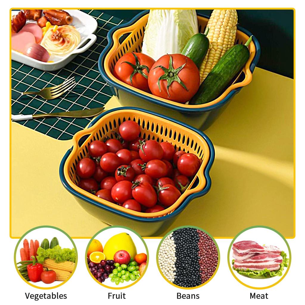 6Pc/Set Double Layer Drainage Basket Multifunctional Fruit Vegetable Cleaning Storage Baskets Plastic Square Kitchen Supplies