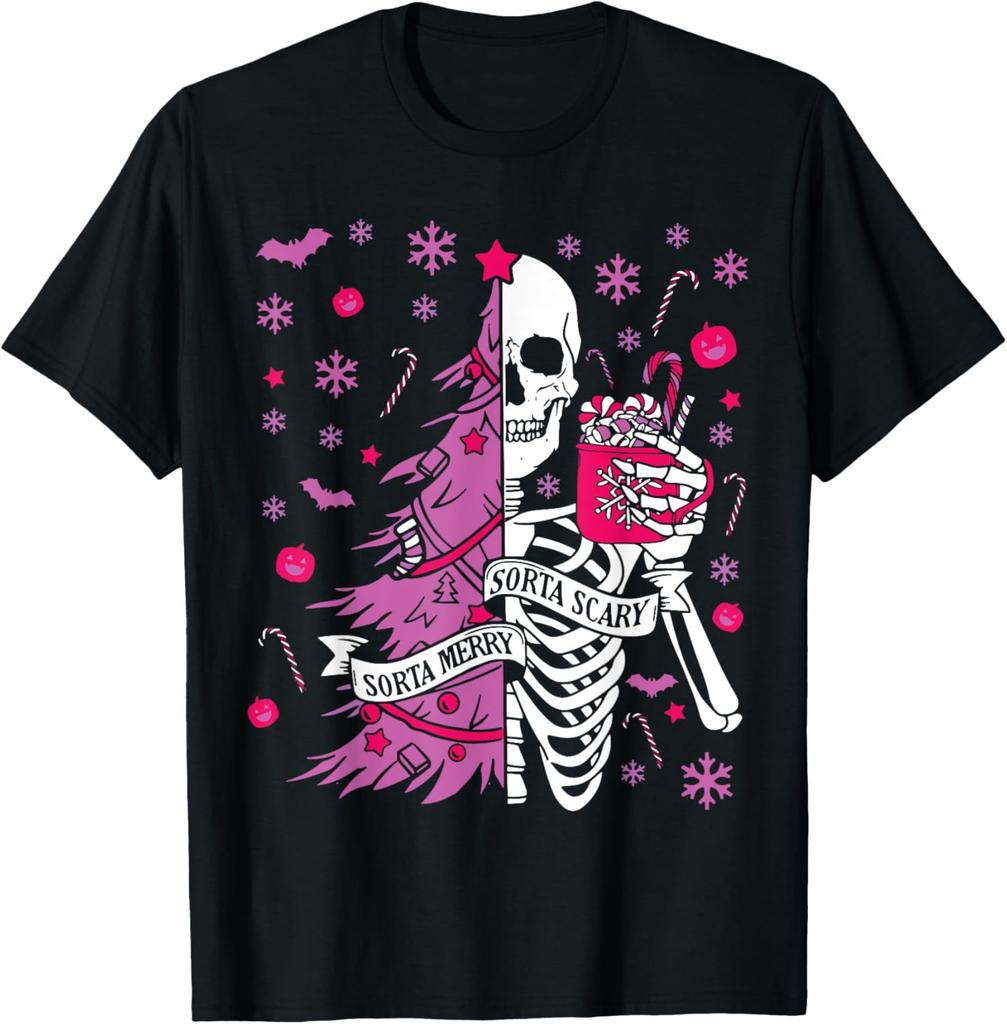 Sorta Merry Sorta Scary Skeleton Christmas Tree Graphic Tee Casual Cotton Short Sleeve T-Shirt for Men