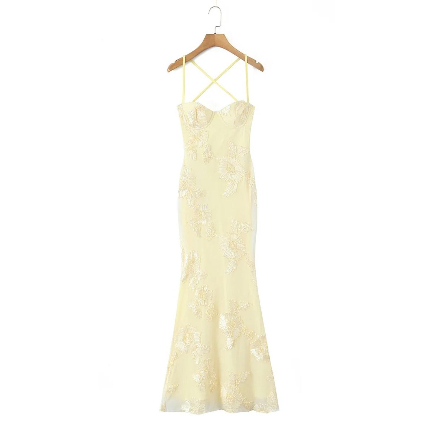 Women s Square Neck Spaghetti Strap Maxi Dress Floral Embroidery Corset Mermaid Dress S