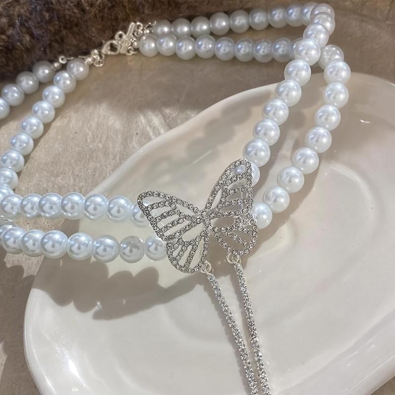 

1PC Light Luxury Full of Rhinestone Butterfly Imitation Pearl Necklace Women, Niche Design High-end Sense of Stacking Neck Chains,