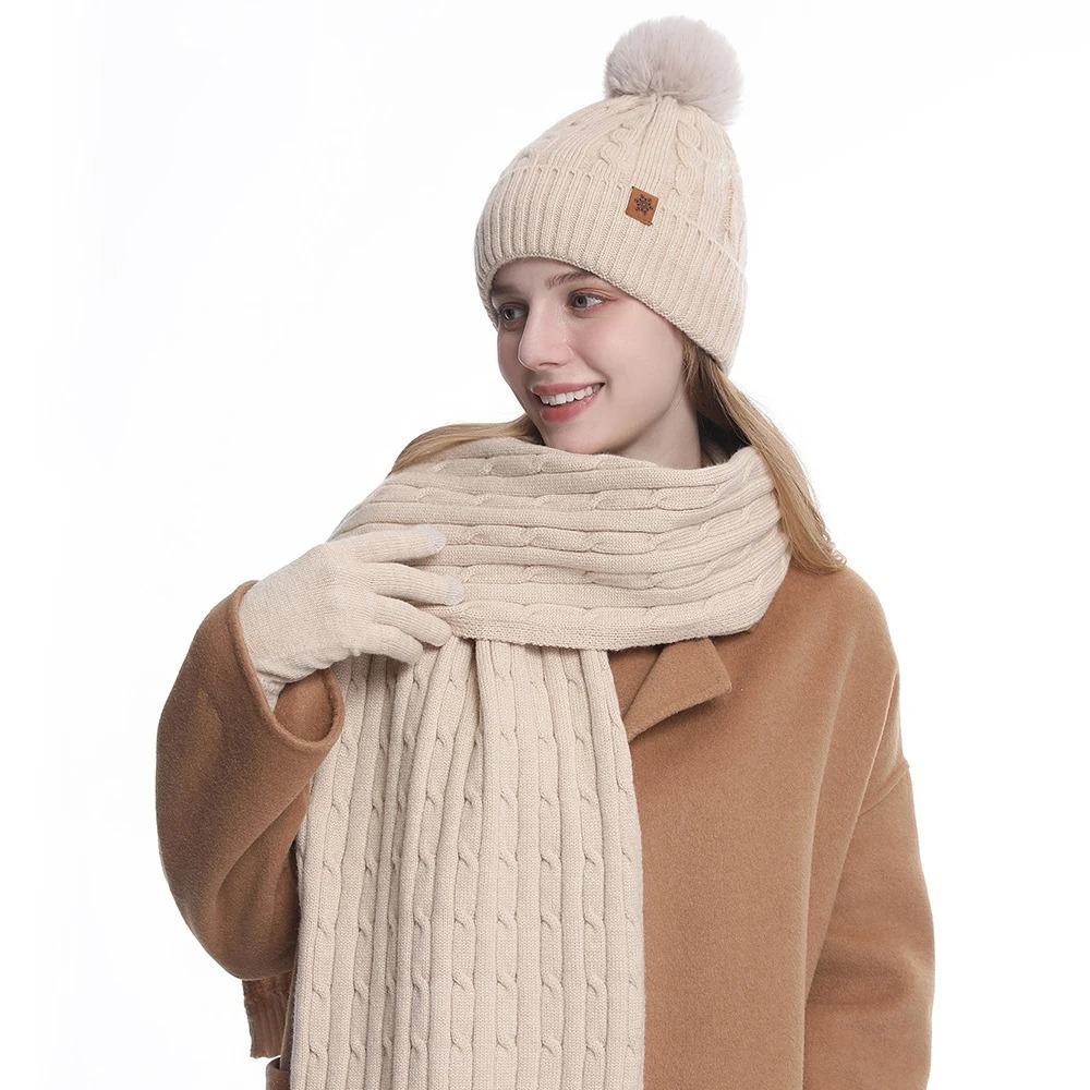 Winter Hat Beanie Long Scarf Touchscreen Gloves Set 3Pcs Soft Thick Fleece Lined Gloves Skull Cap Scarf Set for Women Men