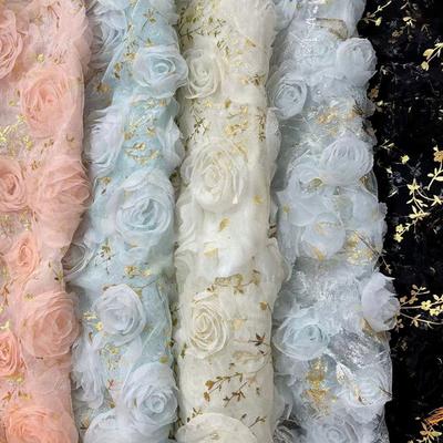 1 Yards 3D Lace Rose Flower Embroidery Hot Stamping Tull Lace Fabric For Diy Sewing Apparel Wedding Dress Performance Costume