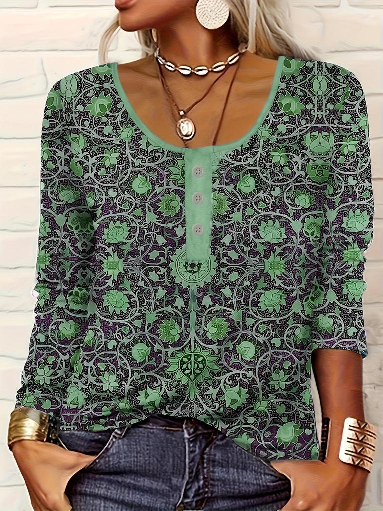 2025 V-neck Women's Ethnic Style Print Button Plus Size Casual T-shirt