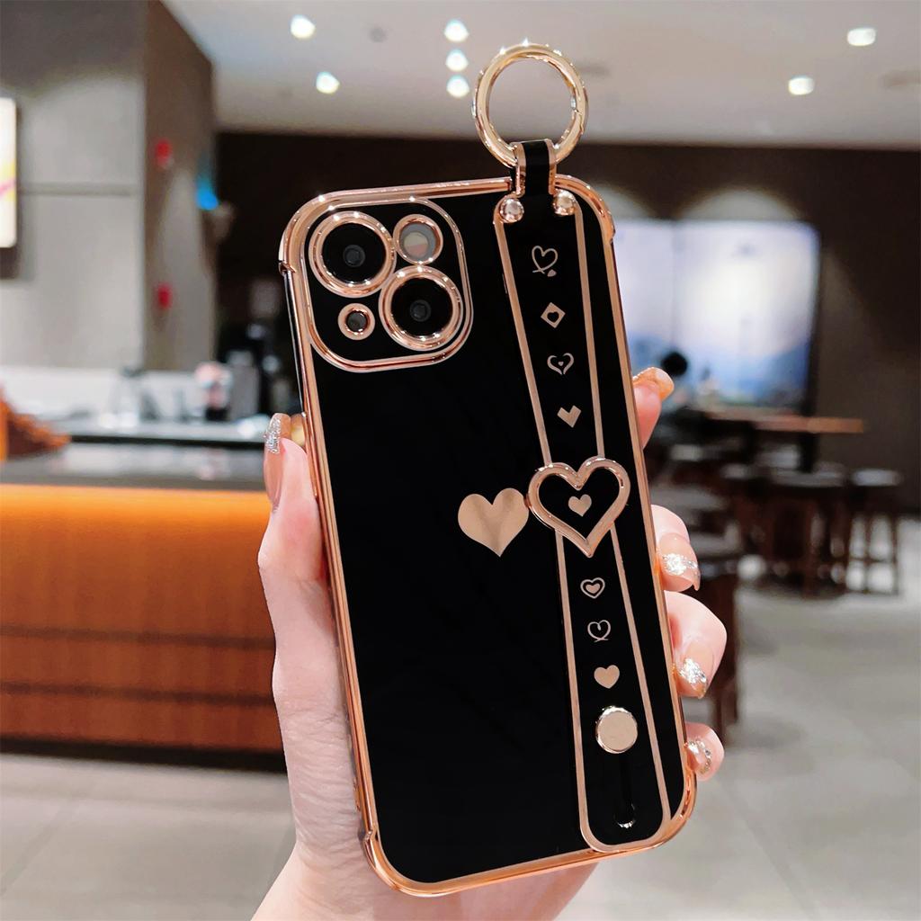 For iPhone 13 Case Love Heart Pattern TPU Phone Cover Wristband Finger Holder