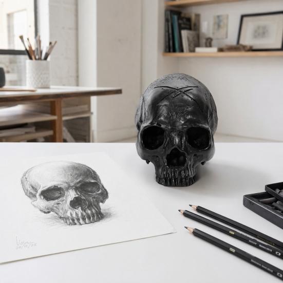 Yousheng Resin Skull Ornament, Dark Style Skull Halloween Prop, Sturdy Durable Teaching Model, Matte Black Anatomy