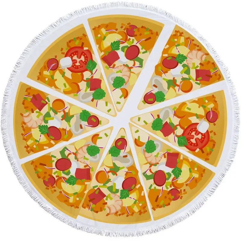 Printed Pizza Case Round Beach Towel 3D Print Microfiber Tassel Living Room Wall Hanging Tapestry Plush Yoga Mat