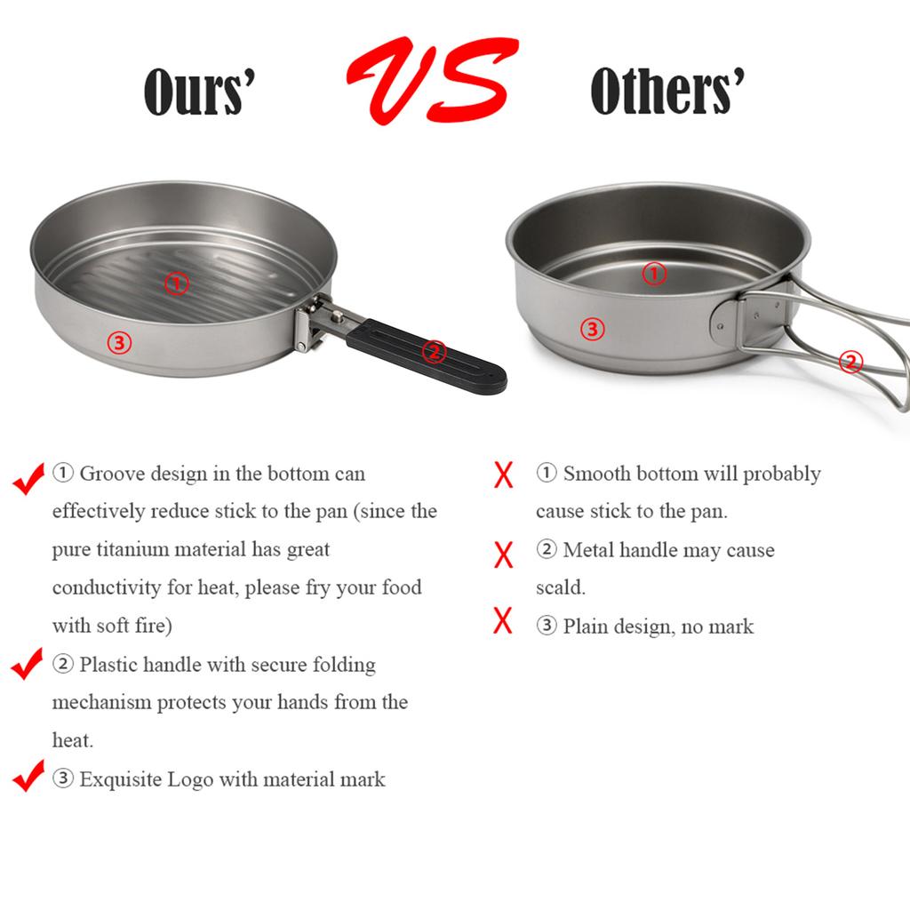 1100ml Titanium Fry Pan Ultralight Grill Frying Pan with Folding Handle for Outdoor Cooking Camping Hiking Backpacking