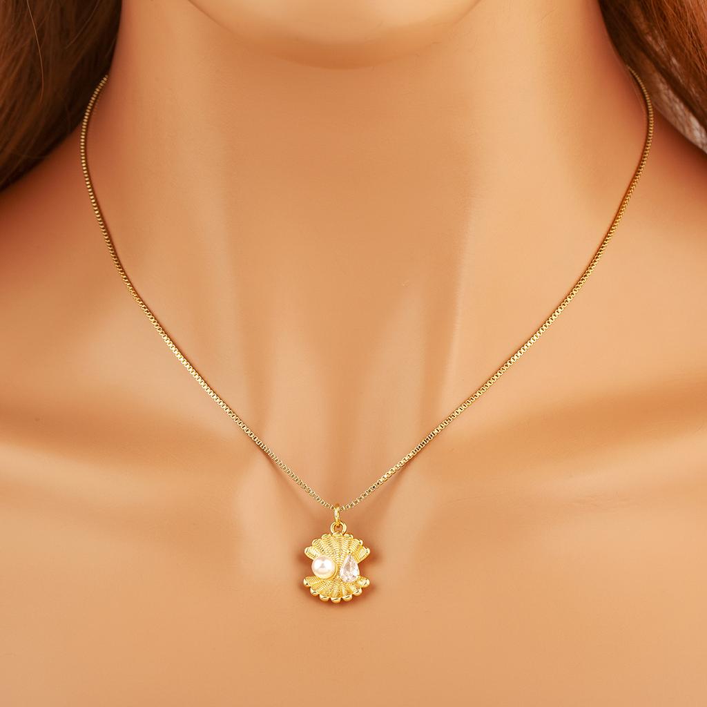 Nidin Elegant Shell Shape Inlaid Pearl Zircon Pendant Necklace For Women Female Compact Exquisite Clavicle Chain Jewelry Gifts