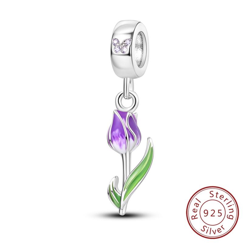 

925 Sterling Silver Purple Tulip Charm Flower Beads for Women Girls Bracelet & Bangle DIY Jewelry