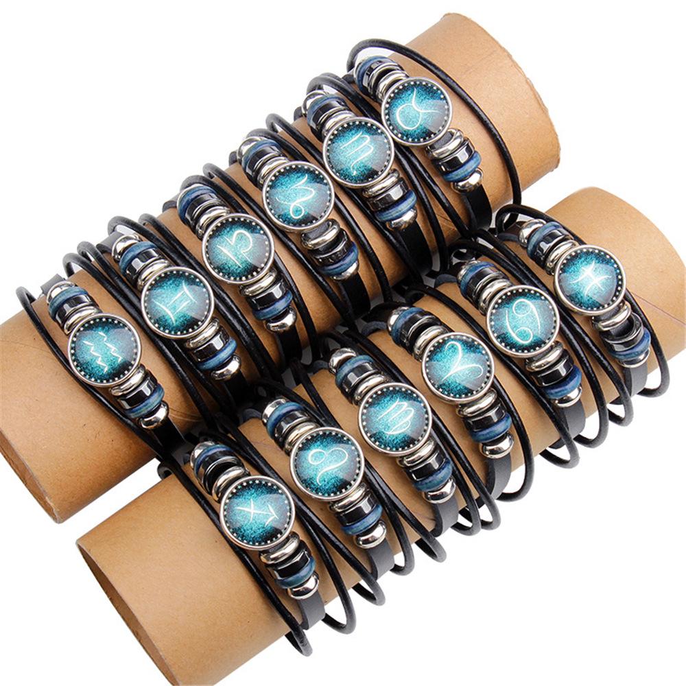 Vintage 12 Constellation Starry Leather Bracelet Multilayer Wrap Leather Bangle Birthday Gift