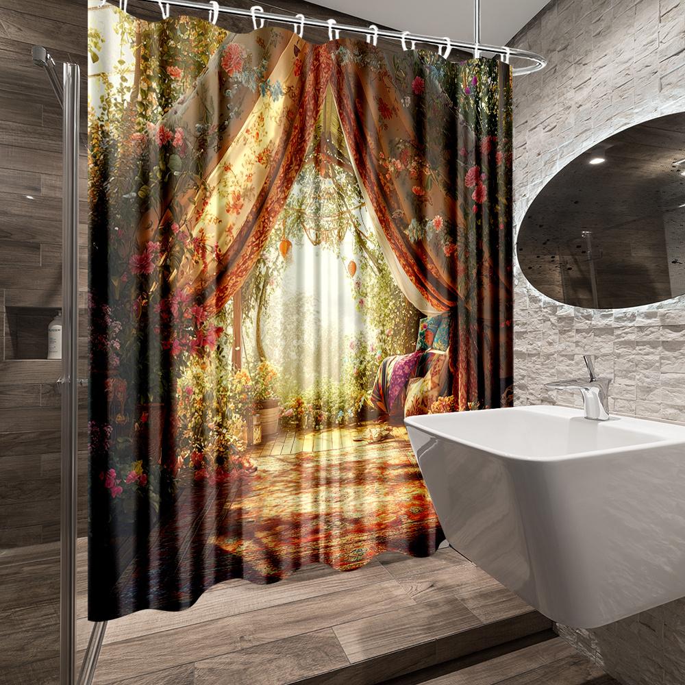 1pc Enchanting Floral Shower Curtain for Bathroom Decor - Elegant Polyester Fabric with Vibrant Forest Floral Design,