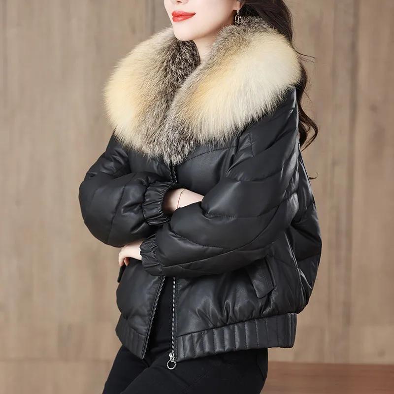 Women's PU Leather Simple Warm Jacket Winter Fur Collor Short Puffer Parkas Fur Outwear