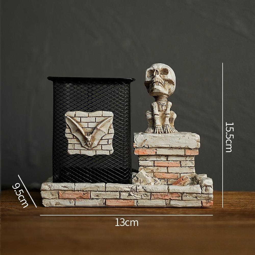 Creative Halloween Skull Pen Container, Spider Man Theme Desktop Ornament, Home Office Pencil Holder Decor